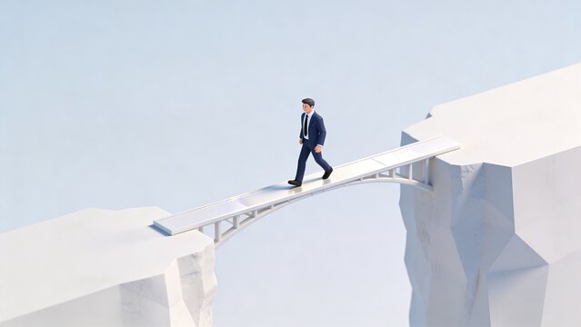 Professional professional traversing modern elevated walkway symbolizing corporate progression and career journey
