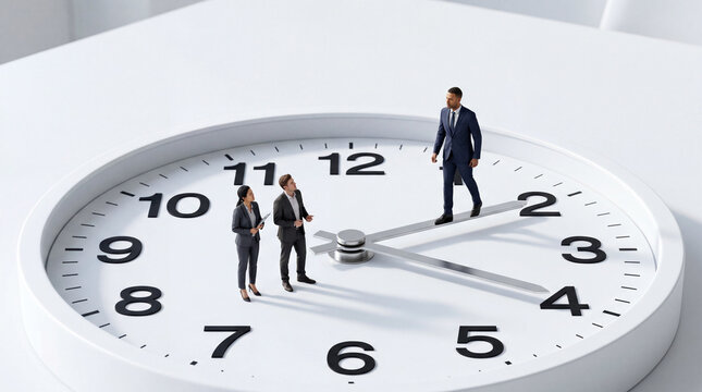 Two executives conversing near an oversized clock face symbolizing time management and punctuality
