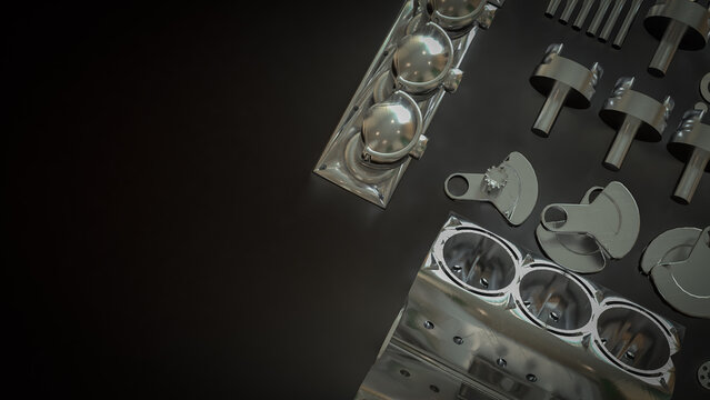 Shiny Engine Cylinder Block And Pistons Mechanical Parts 3d render.