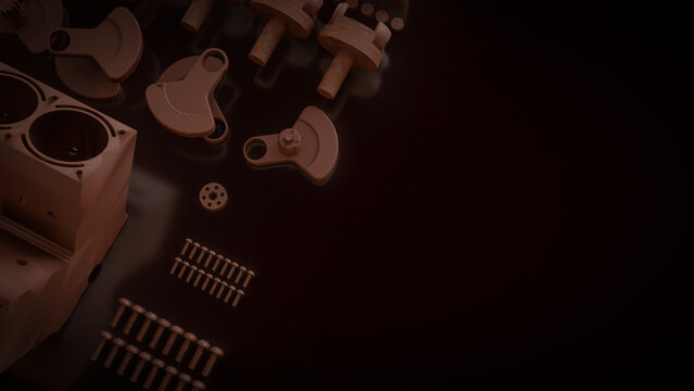 Engine Cylinder Block And Pistons Mechanical Parts 3d render.