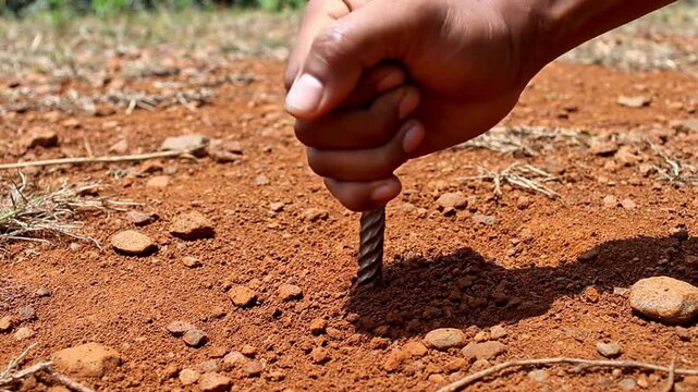 Close-up of a worker's hand inserting a steel drill bit into dry, reddish soil. Concept of construction groundwork, land preparation, foundation building, manual labor, and starting new projects.