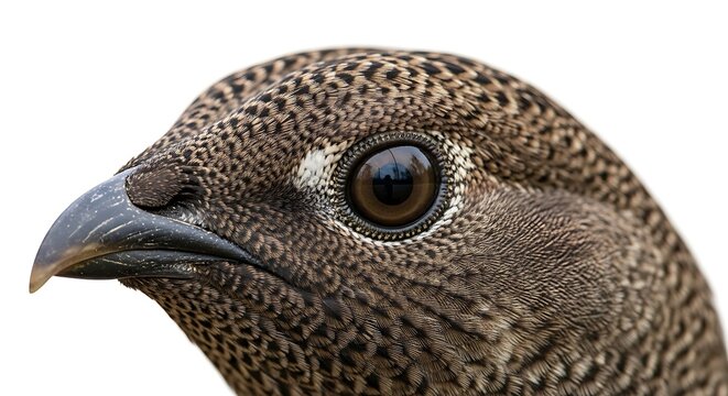 A close-up wildlife portrait of a wild female pheasant head featuring detailed feathers, a sharp beak, and a red eye isolated on a white background