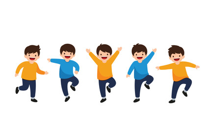 Obraz premium Collection of five playful young boys in various active poses like running and jumping, wearing colorful casual clothes on a white background.