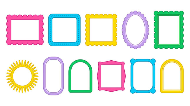 Colorful decorative photo frames in multiple shapes with scalloped and sunburst borders on a pale pink background.