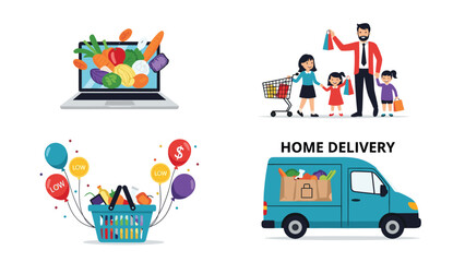 Fototapeta premium Collection of four icons representing online grocery shopping, home delivery, family shopping, and a basket with budget balloons.