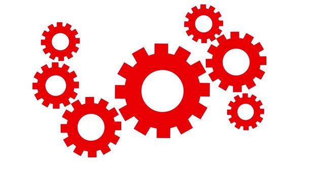 A collection of vibrant red gears arranged in a dynamic composition