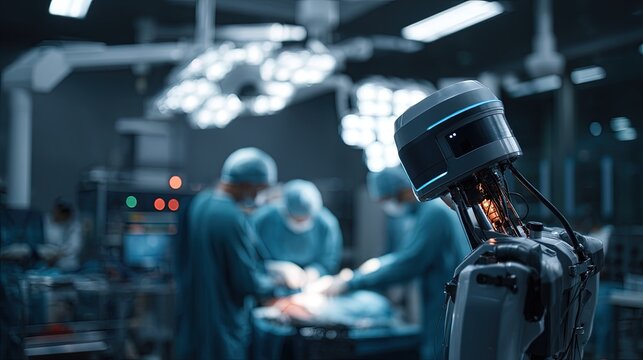 Advanced robotic surgeon assistant standing in a modern operating room with a medical team performing surgery in the background, hightech healthcare concept