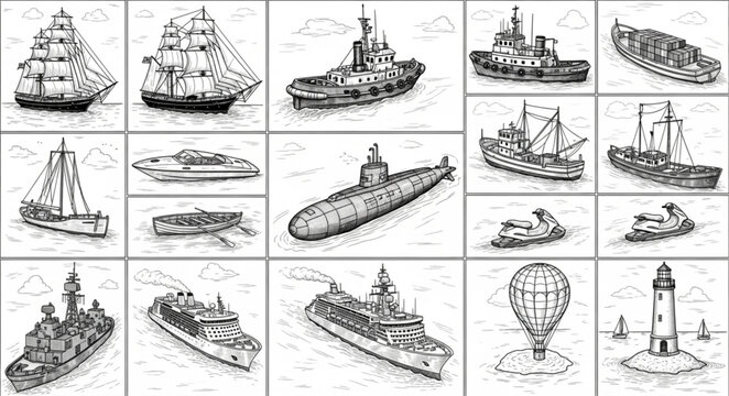 Collection of Various Ships and Boats Illustrated.