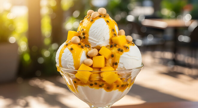 Tropical Mango and Passionfruit Ice Cream Sundae with Fresh Mango Chunks and Macadamia Nuts
