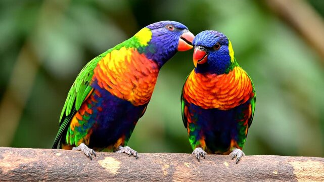 Two colorful rainbow lorikeets perched together on a branch