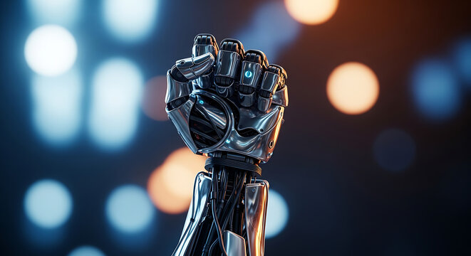 A shiny metallic robotic hand with a closed fist against bokeh background lights