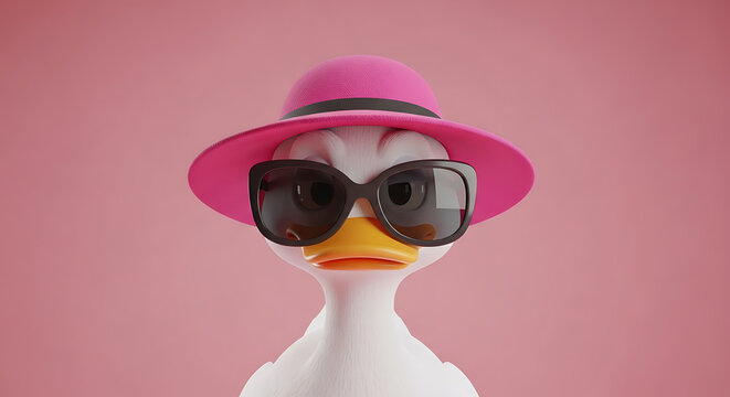 A white duck wearing sunglasses and a pink hat on a pink background looking cool