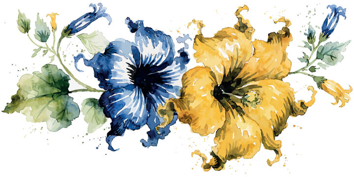 Delicate watercolor illustration of blue and yellow petunia flowers with green leaves and tendrils
