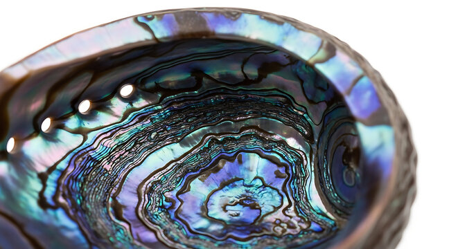 Iridescent abalone shell interior close-up isolated on a white background - mother of pearl texture and natural beauty with marine life