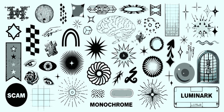 A collection of abstract black and white illustrative design elements