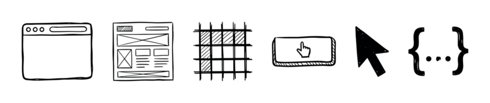 Hand drawn web design development interface icons representing various elements of user experience and coding, perfect for illustrating digital product creation processes.