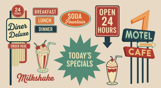 Set of authentic retro diner advertising signs and sweet treat illustrations, capturing the charming essence of a bygone era's roadside eateries and classic American culture