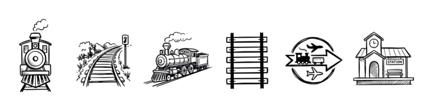 Trains and rail transport hand drawn icons set illustrating locomotives, tracks, and station elements for travel and logistics concepts.