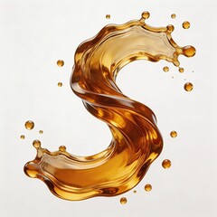 Fototapeta premium Abstract 3D render of a flowing amber liquid forming the letter S, with droplets surrounding it. The liquid has a smooth, glossy texture and dynamic motion.