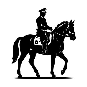 black and white silhouette of a mounted police officer riding a horse. This minimalist vector icon captures the professional stance and control of an equestrian law enforcement unit in full gear.
