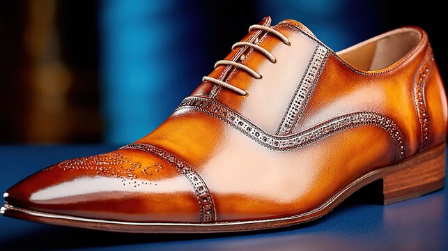 Classic men's shoe photography, side view of a handcrafted dress shoe featuring oiled leather, a thick wooden sole, and light tan laces against a dark blue background. 