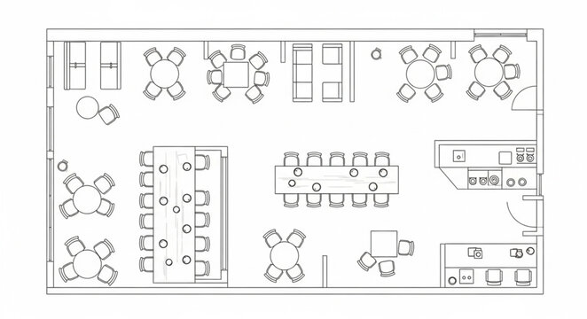 Architectural floor plan of a restaurant layout with seating arrangements.