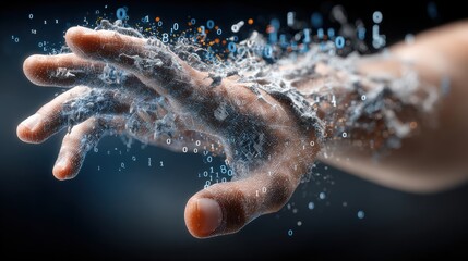 Fototapeta premium A digitally-rendered hand dissolves into particles, symbolizing the transition of human interaction with digital information. ..Created with Generative AI, not depicting real subjects.