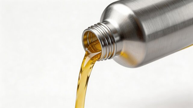 Stainless steel bottle pouring yellow liquid, likely oil or beverage, against white background. Focus on the pouring action and metallic container.