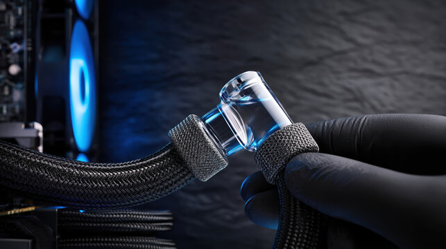 Glass coolant connector cloud computing infrastructure loop with blue lighting and technician