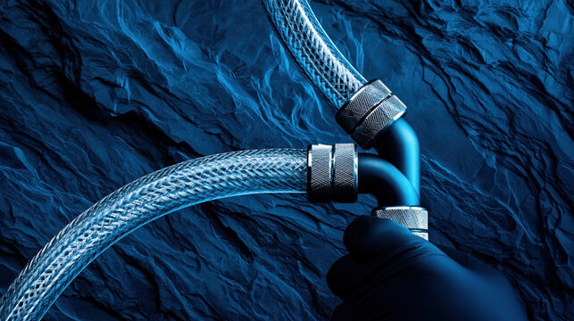 Cloud computing infrastructure concept with braided hose connector and metal pipe in moody blue