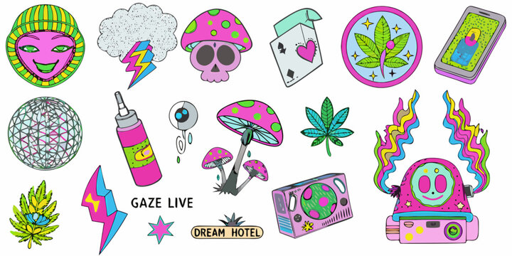 Colorful sticker collection featuring psychedelic imagery and playful designs