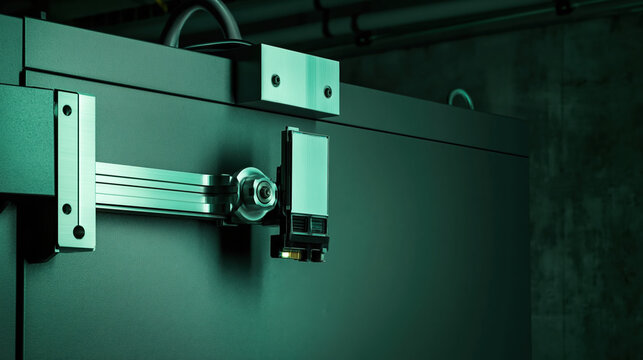 Cloud computing infrastructure concept with server component and metal rail in ambient light