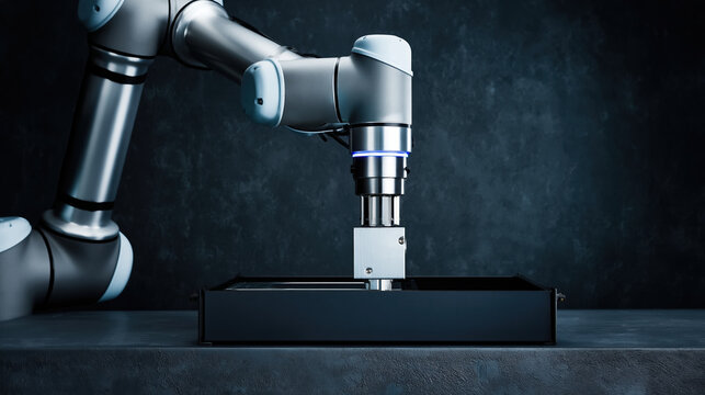 Cloud computing infrastructure robotic arm assembling hardware components with cool lighting