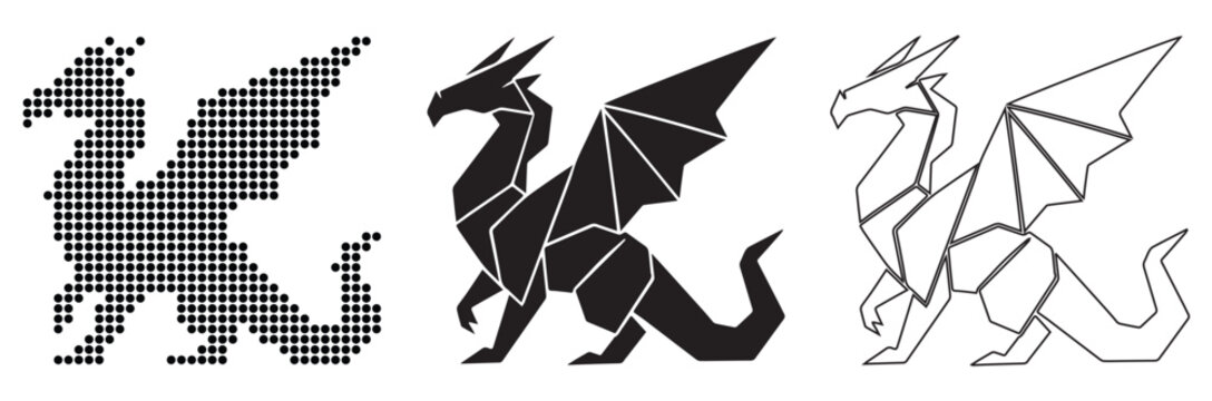 Three distinct stylized dragon illustrations showcasing different artistic approaches