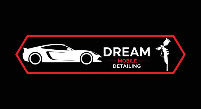 Dream Mobile Detailing logo with a sleek white sports car and a spray gun icon.