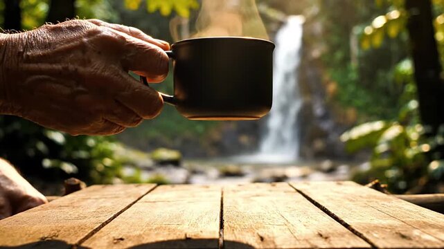 Hand holding steaming mug on wooden table with waterfall backdrop. Perfect for concepts of nature escape, relaxation, wellness, mindfulness, and tranquility.