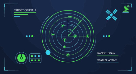 Obraz premium Digital Radar Screen HUD Interface Illustration with Target Detection and Satellite Data