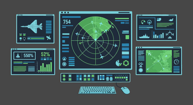 Modern Military Radar Dashboard with Futuristic Digital Interface and Air Sea Surveillance System