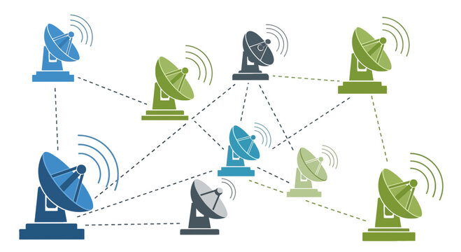 Connected Satellite Antenna Network Illustration for Global Communication System and Digital Data Transmission