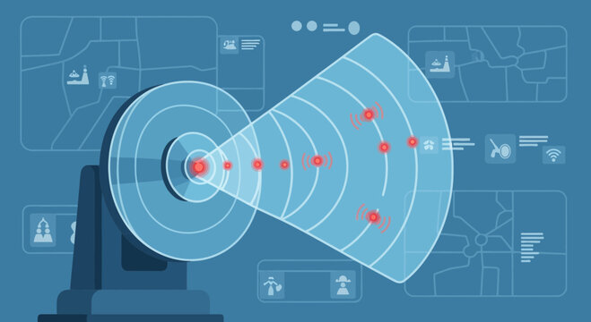 High-Tech Radar Scanning System Illustration with Digital Maps and Tracking Object Detection.