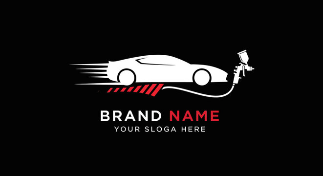 Sleek white sports car with speed lines and paint spray gun logo design.