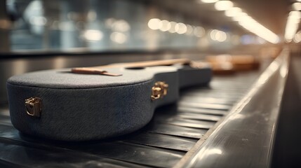 Obraz premium Guitar case on airport conveyor belt with blurred terminal background