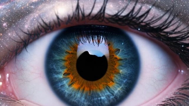 Close-up of human eye with colorful iris and cosmic background  