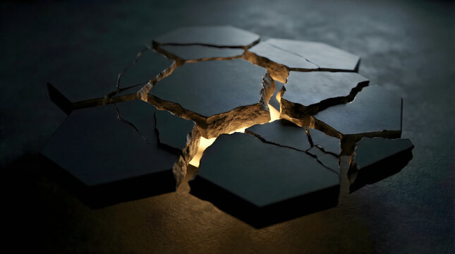 Abstract cracked stone surface with glowing light, broken dark hexagonal tiles on floor, cinematic stone fragments with warm internal glow, conceptual destruction and renewal background