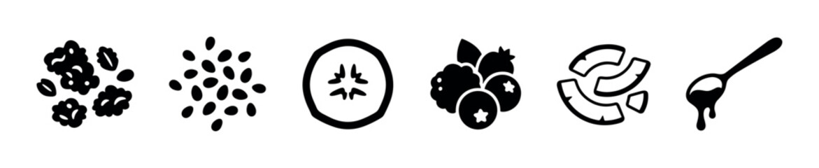 Obraz premium Food ingredients icons set for healthy breakfast and snack options, including granola, seeds, kiwi, berries, banana, and a spoon with syrup.