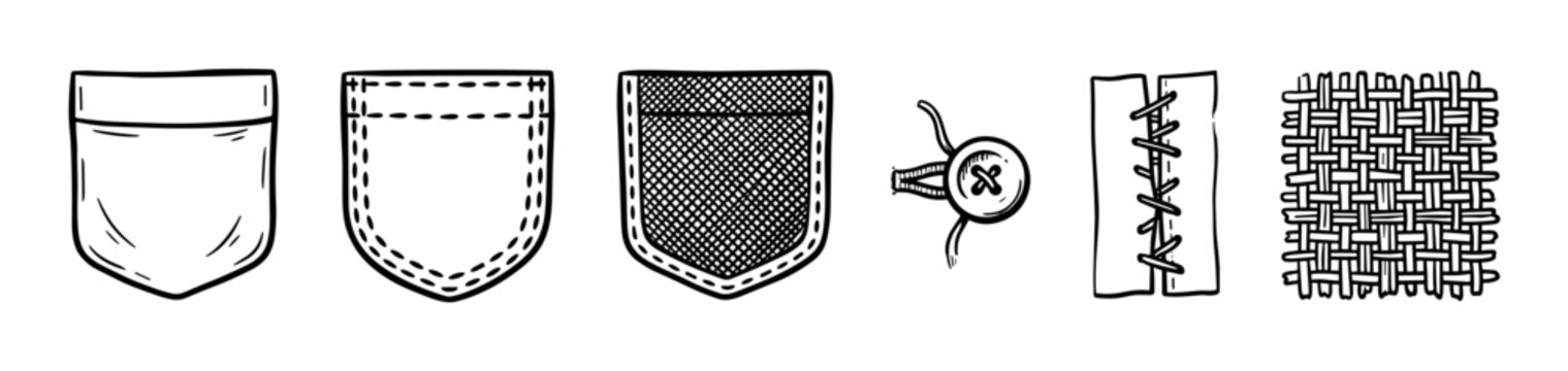 Clothing elements and sewing details are depicted in a hand-drawn doodle style, showcasing various textile components and design features.