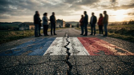 Fototapeta premium A group of people standing on a road with a french flag painted on it