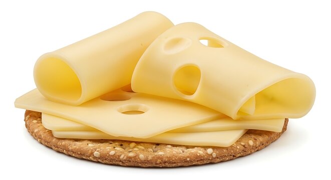 A stack of sliced swiss cheese rests upon a small round whole wheat cracker showcasing its distinctive holes high-quality professional detailed modern elegant stylish clean