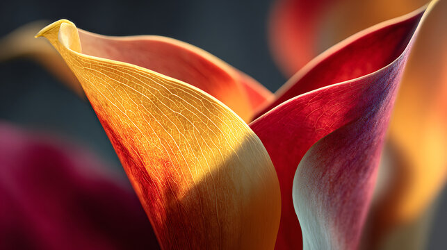 Flower petal curves softly in warm golden light, highlighting its velvety texture and radiant beauty.