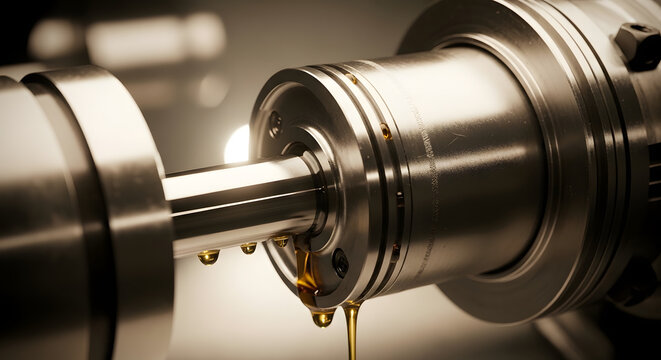 Industrial machine components in motion, showing a critical lubrication process where golden oil drips, emphasizing precision engineering and ongoing maintenance in manufacturing operations